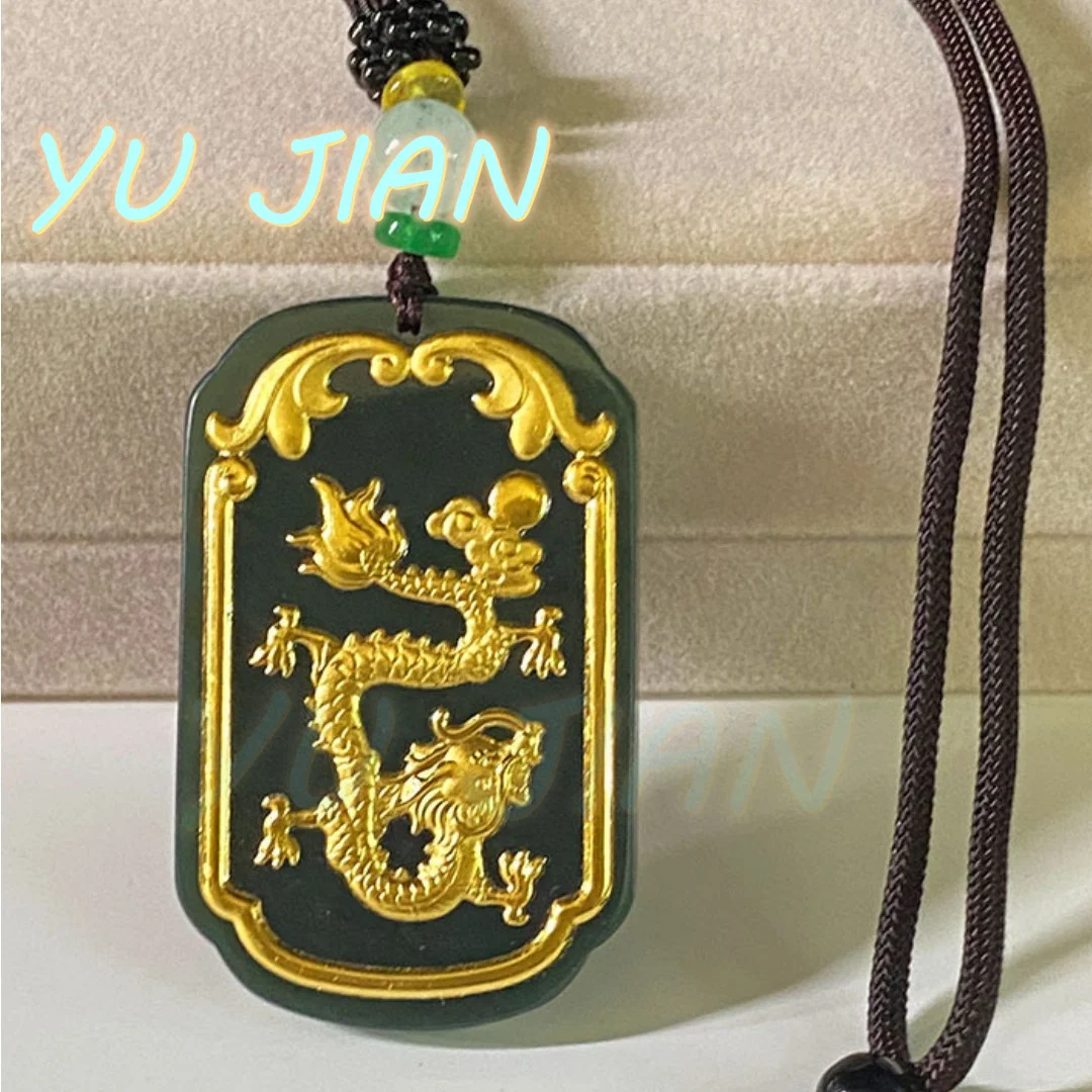 

Natural Hetian Moyu Dragon Phoenix Carving Handmade Guanyin Buddha Jade-Pendant Gold-Inlaid Jade Gold Necklace Chain Jewelry