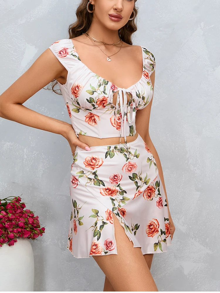 NewAsia Floral Print Cut Out Front Tie Up Tank Corp Top A-Line Side Slit Skirt Fashion Casual Party Two Piece Set