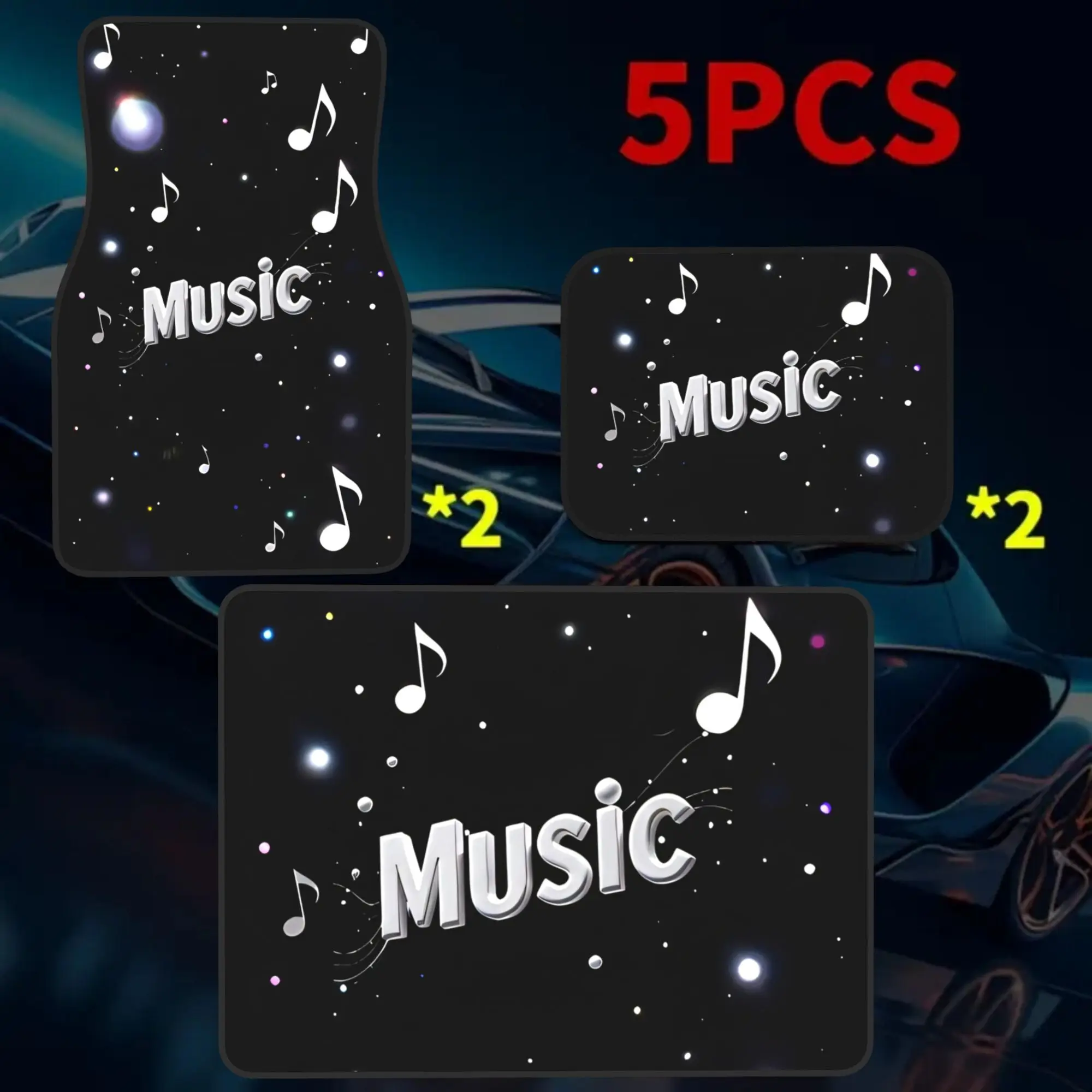2D Flat 5pcs Music Theme Print Car Floor Mats & Trunk Mat Set, 4 Floor Mats + 1 Trunk Liner, Enhance Vehicle Comfort, Halloween