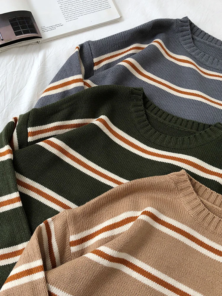 Vintage Stripe Sweaters Women Loose Oversize Korean Style Pullover Top Autumn Winter Long Sleeve Knitted Sweater Femme 2020