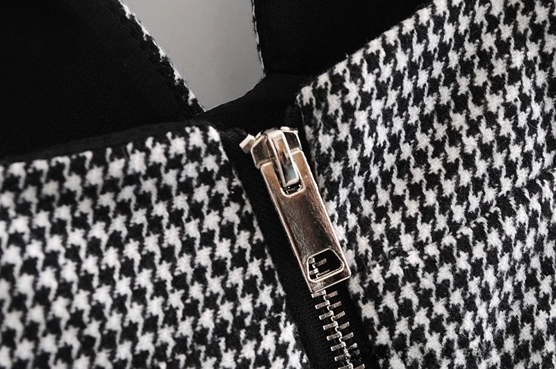 レトロ春夏セクシーミニチェック柄ドレスバックジッパーデザインストリートスタイルハイウエストVネックAラインスカートノースリーブ