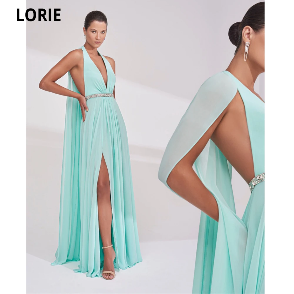 

LORIE Mint Green Evening Dresses Belt Beaded Leg Slit Party Dress For Women Vestidos Para Eventos Especiales With Halter Cape