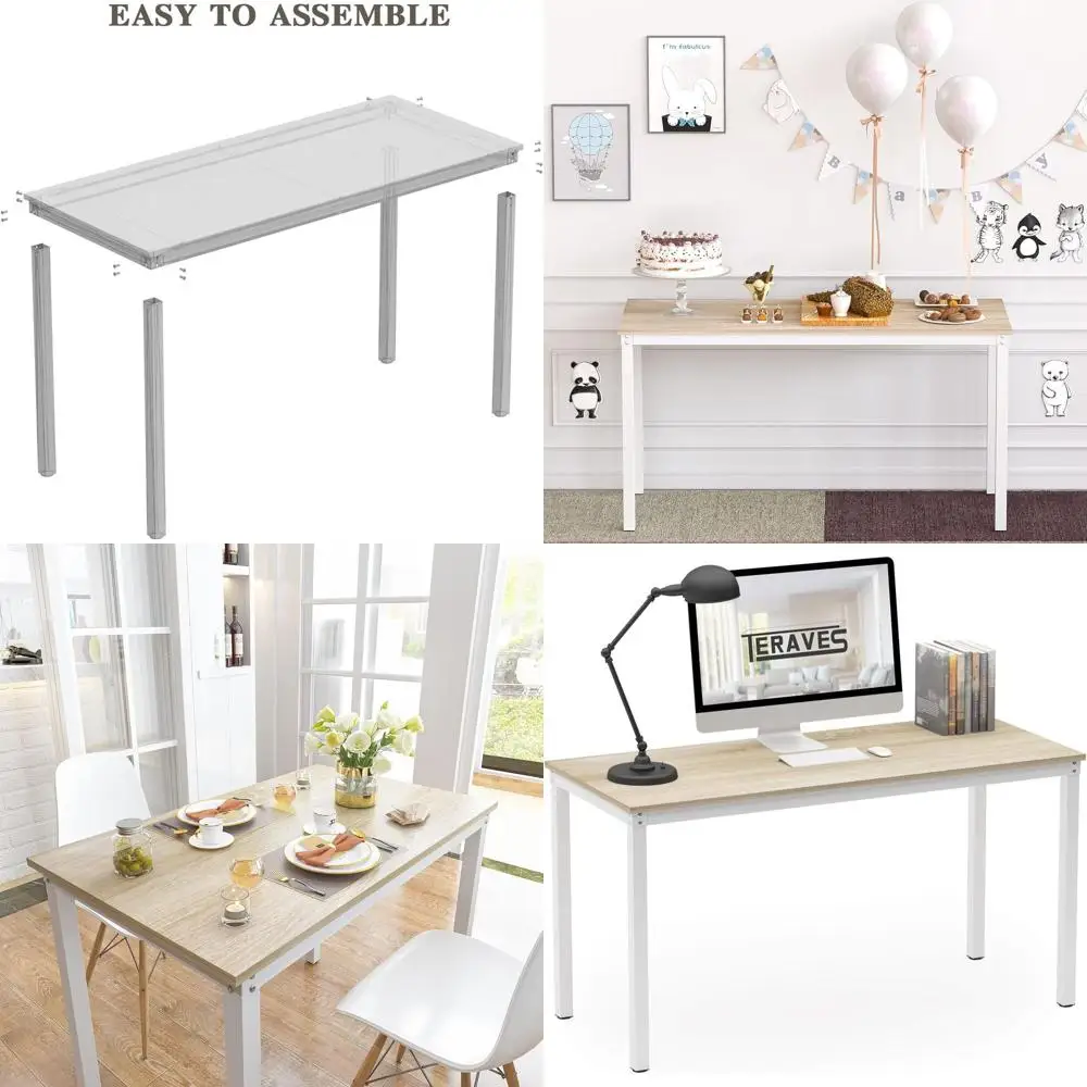 

Sturdy 39.37 Beige & White Computer Desk: Writing & Dining Workstation for Home Office