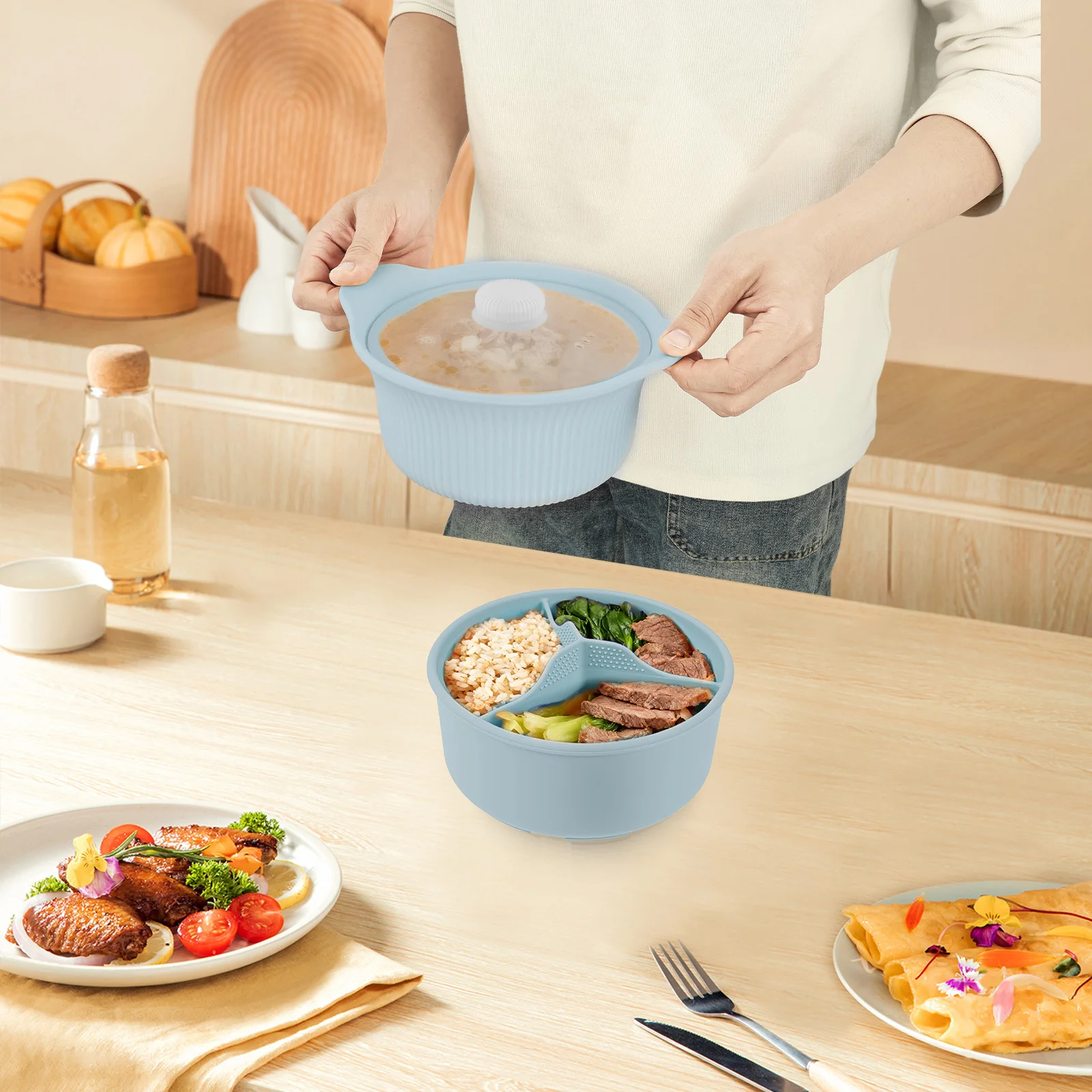 

42oz Silicone Soup Pot Liner Steamer Bowl 3 Grids Food Vegetable Container Oven Microwave Safe Kitchen Cooking Baking Gadget