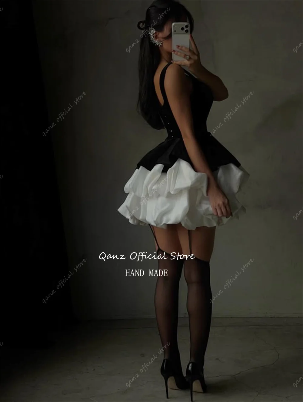 Qanz فستان حفلة موسيقية أسود مخملي أشرطة سباغيتي قصيرة على شكل حرف A فساتين عيد ميلاد فاخرة 2026 منتفخة فيستدوس دي فييستا مخصصة #2