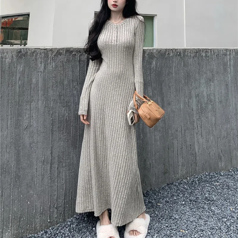 Spring Autumn New Fashion Turn-down Collar Long Sleeve Solid Button Women\'s Clothing Slim Korean Bottoming Trend Knitting Dresse