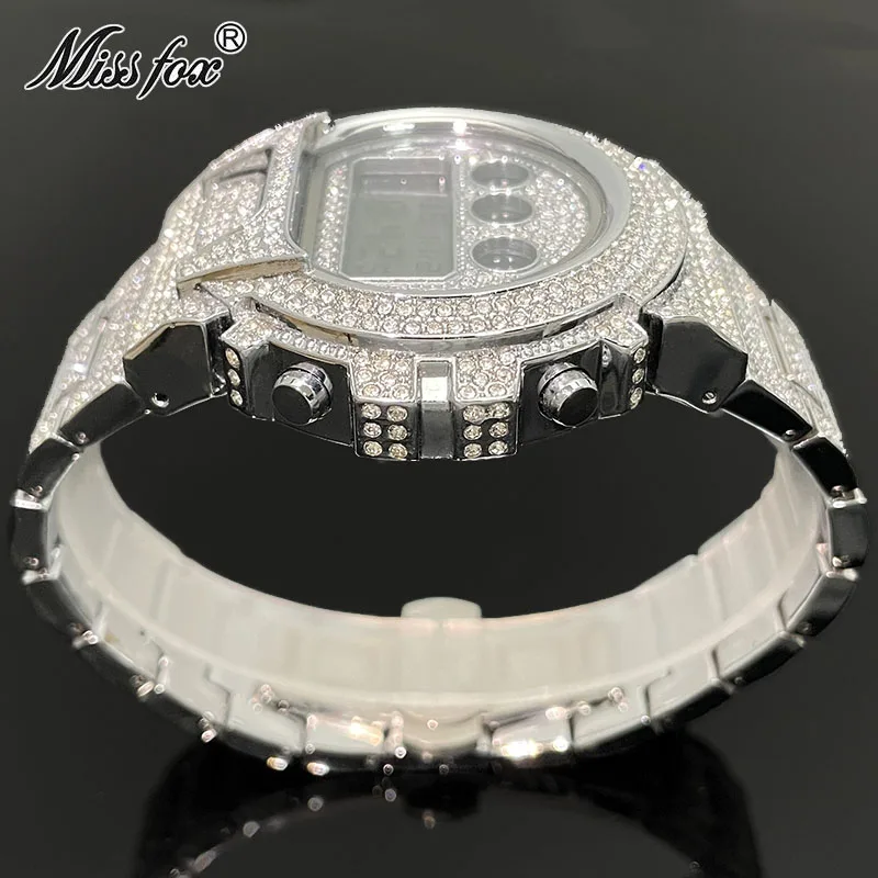 MISSFOX-reloj electrónico de lujo para hombre, cronógrafo Digital de diamantes completos, pulsera de acero sin aguja, envío gratis