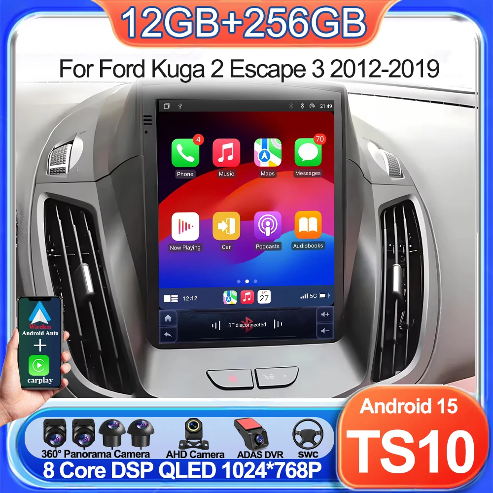 Android 16 Wireless Carplay para Ford Kuga 2 Escape 3 2012-2019, Navegação Carplay, GPS, Estéreo, Tela Multimídia Android Auto, Wifi