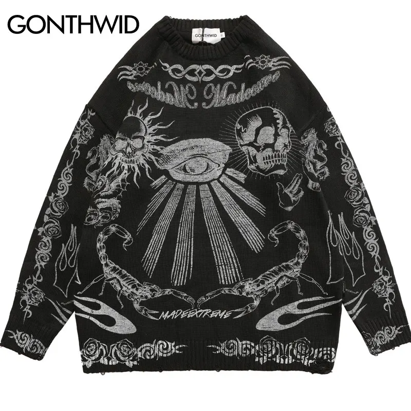 

Hip Hop Gothic Oversized Sweater Knitted Streetwear Vintage Skeleton Skull Rose Print Ripped Punk Pullover 2023 Harajuku Black
