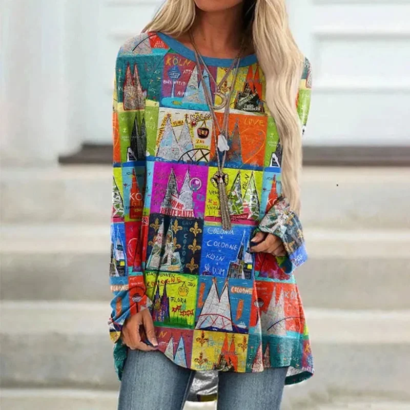 Women's Japanese Mount Fuji Ocean Cat Art Long Sleeved Tunic 3D All Over Printed Women's Round Neck Long Sleeved T-Shirt view 5