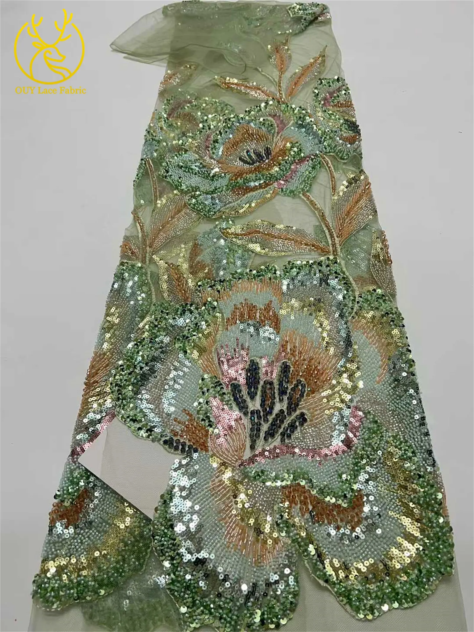 Nigeria Große Blumen Perlen-Spitzenstoff 2026 Luxuriöser Afrikanischer Spitzenstoff 5 Yards Französischer Pailletten-Spitzenstoff für Party- und Abendkleider – Detail 20