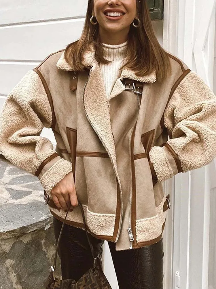 

Autumn Winter Biker Jacket Women Casual Thick Warm Fur Fleece Coat Female Fashion Loose Long Sleeve Patchwork Lapel Chic Outwear