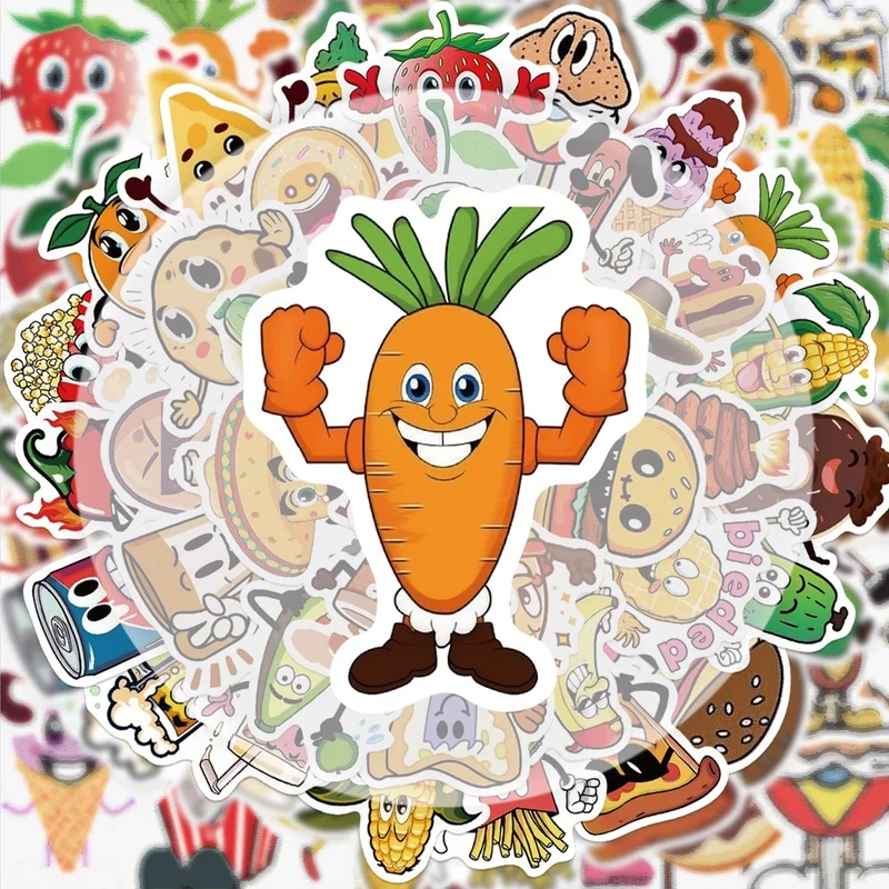 50 Fun Fruit Food Graffiti Stickers, Vibrant Sticker Decals, Multiple Styles Without Duplication, Suitable for Water Bottles, Laptops, Suitcases, Skateboards, Guitars, Party Decorations