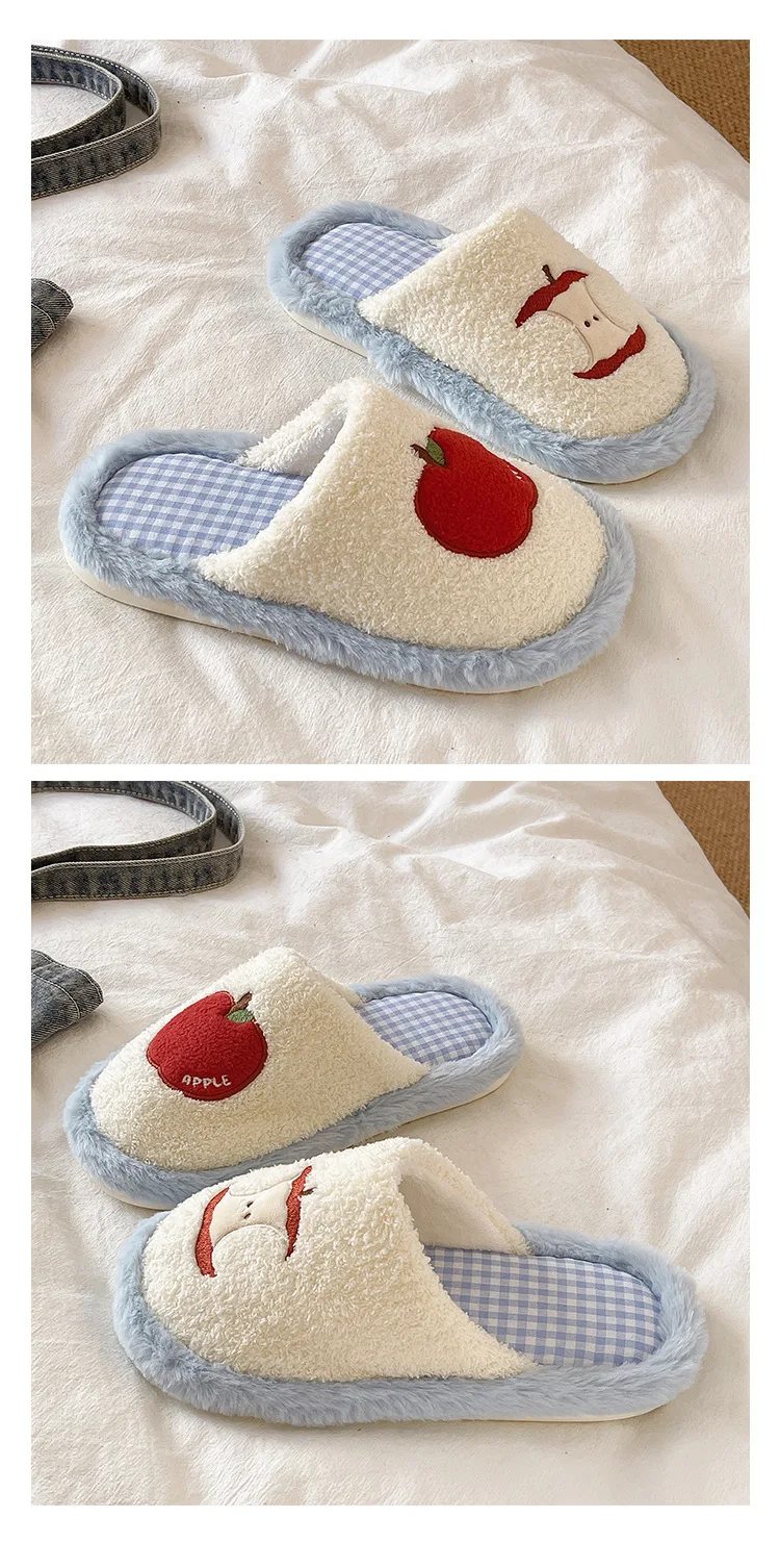 Modische Niedliche Apfel-Plüsch-Hausschuhe Rutschfeste Dicke Sohle Winter-Slides Damen Geräuscharme Freizeitschuhe für Zuhause ﻿ – Detail 4
