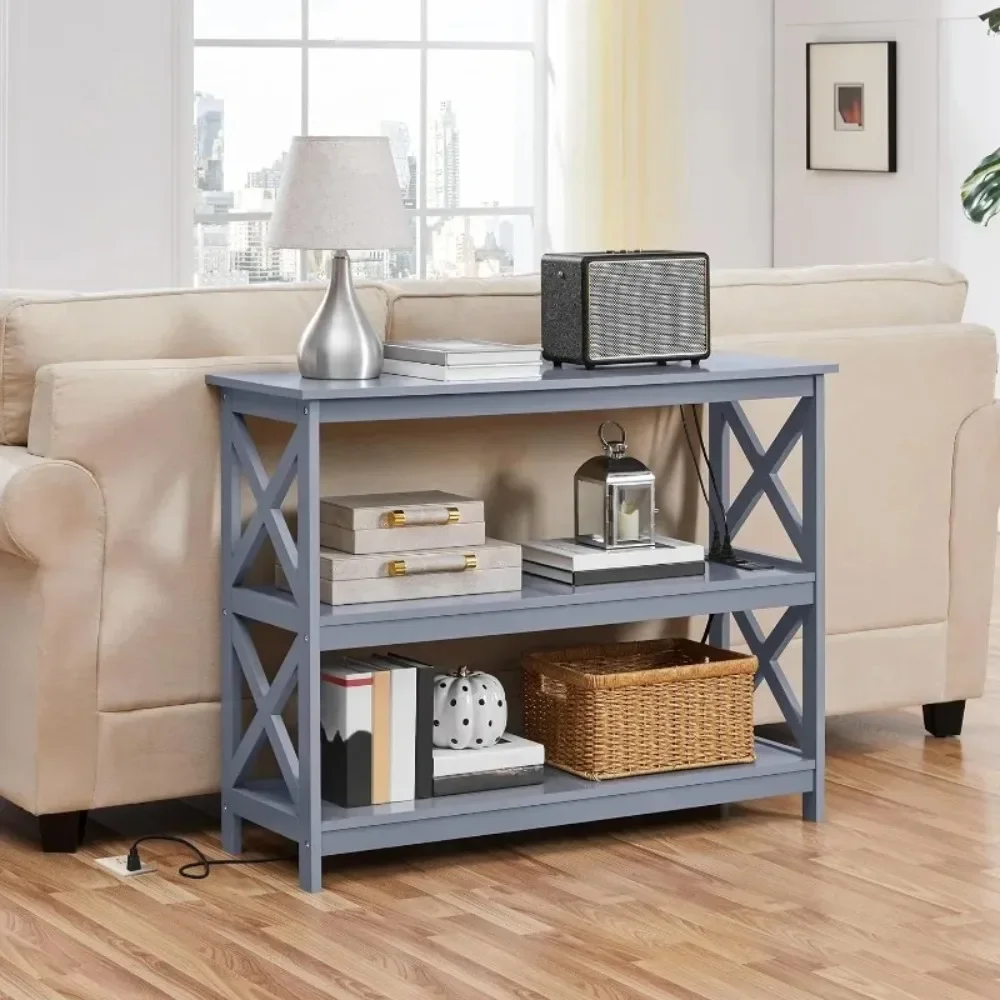 Console Table with Power Outlet, 3 Tier Narrow Sofa Couch Table with Storage Shelves, Wood Entryway Side Tabe