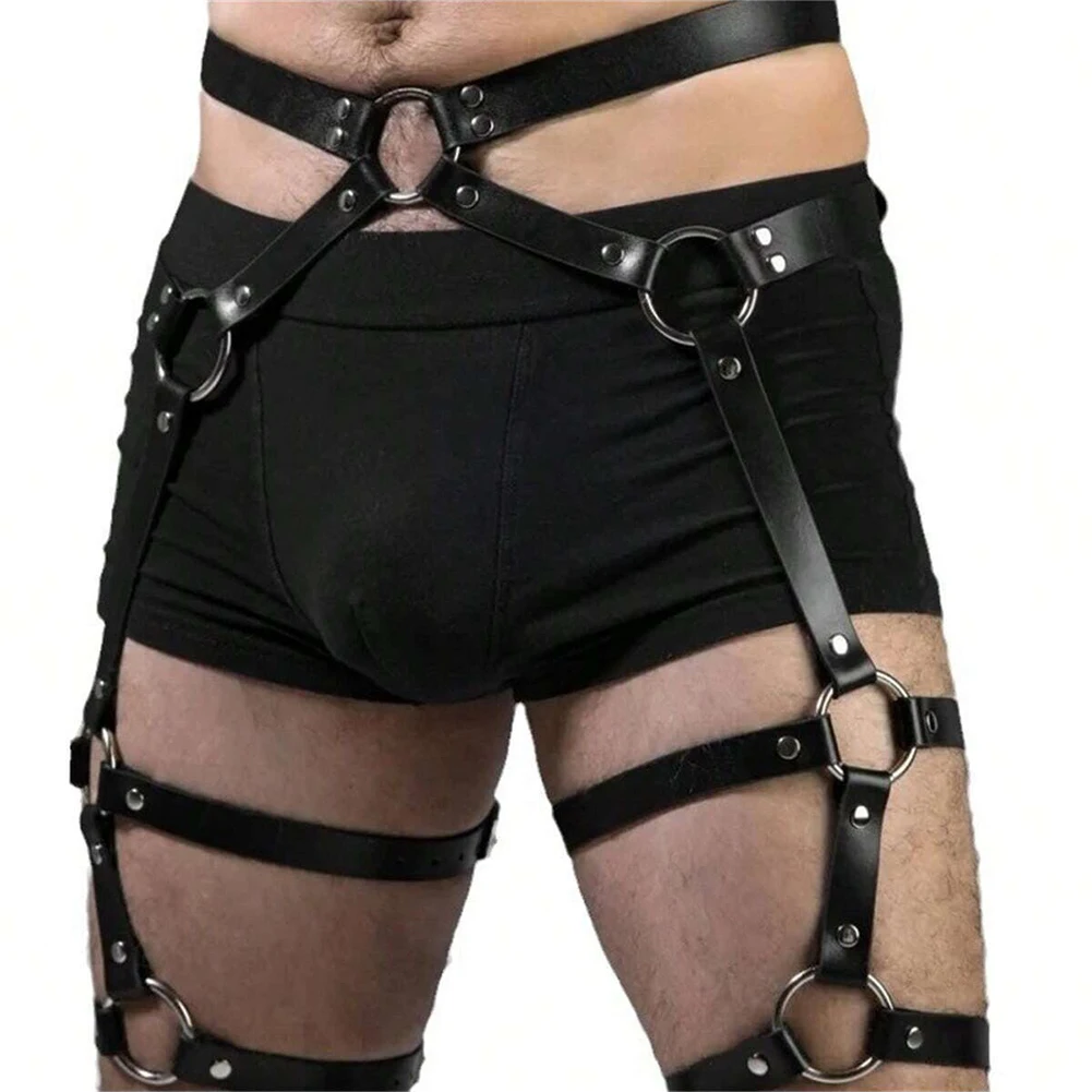 

Mens Gothic Pu Leather Harness Thigh Garters Belt Interest Buckles Strappy Clubwear Costume Sexy Gloosy Erotic Lingerie