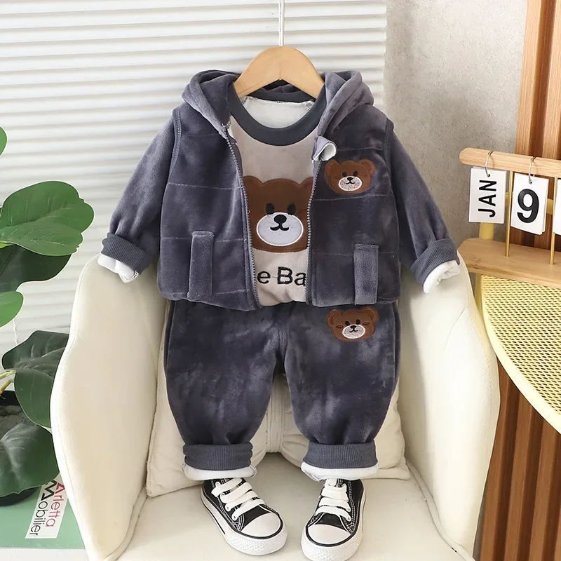 New Autumn Winter Warm Boys Girls Clothing Set Cartoon Bear Lined With Velvet Hooded Vest + Shirt + Pants 3Pcs Suit For Kids image 4