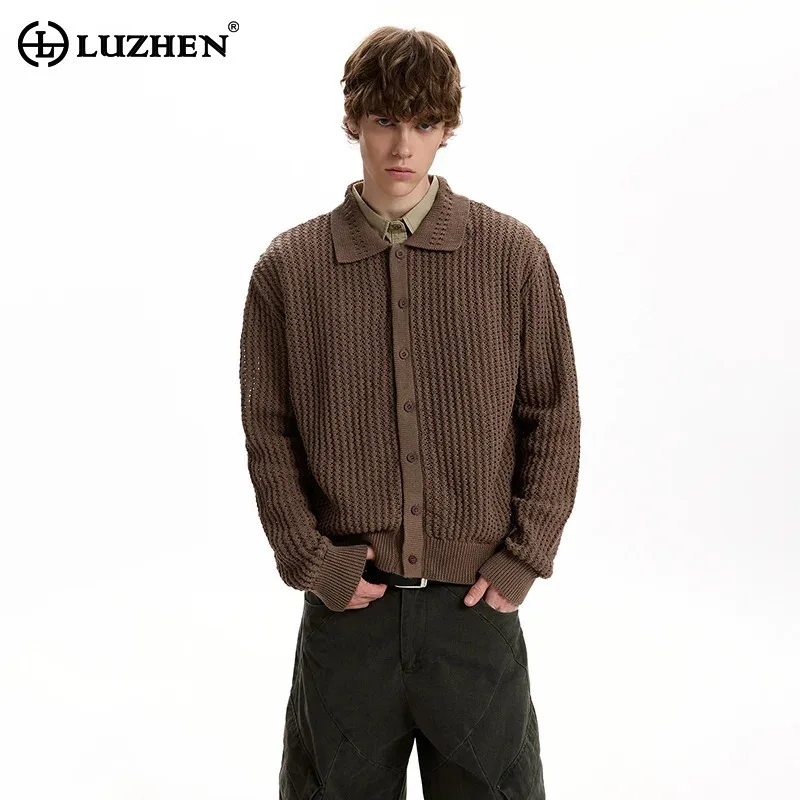 

LUZHEN 2025 New Solid Color Elegant Handsome Knitted Cardigan Polo Neck High Quality Winter Stylish Korean Casual Sweater JY5162