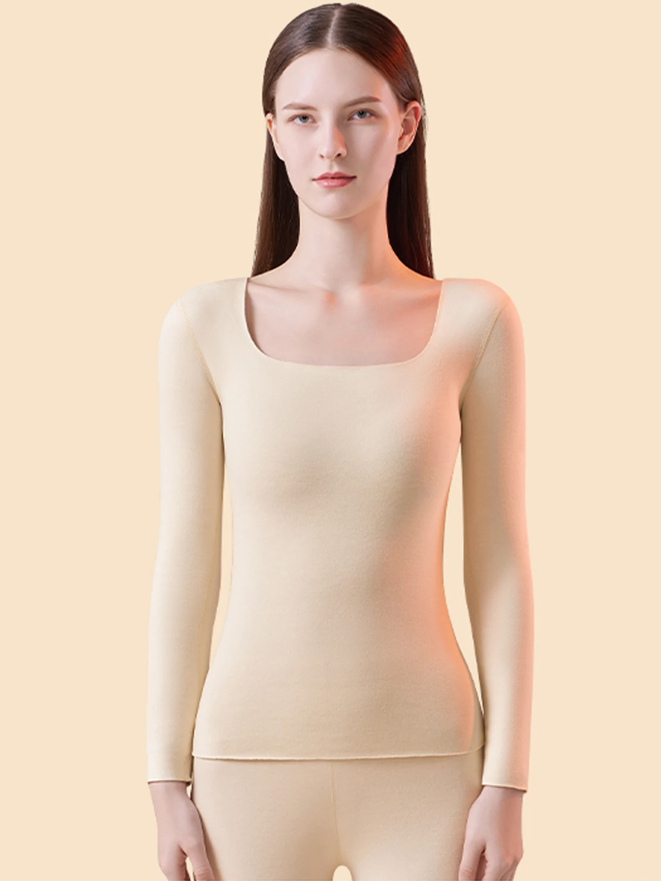 طقم ملابس داخلية حرارية نسائية برقبة منخفضة مع قاعدة بدون خياطة، طقم ملابس وسراويل خريفي #4