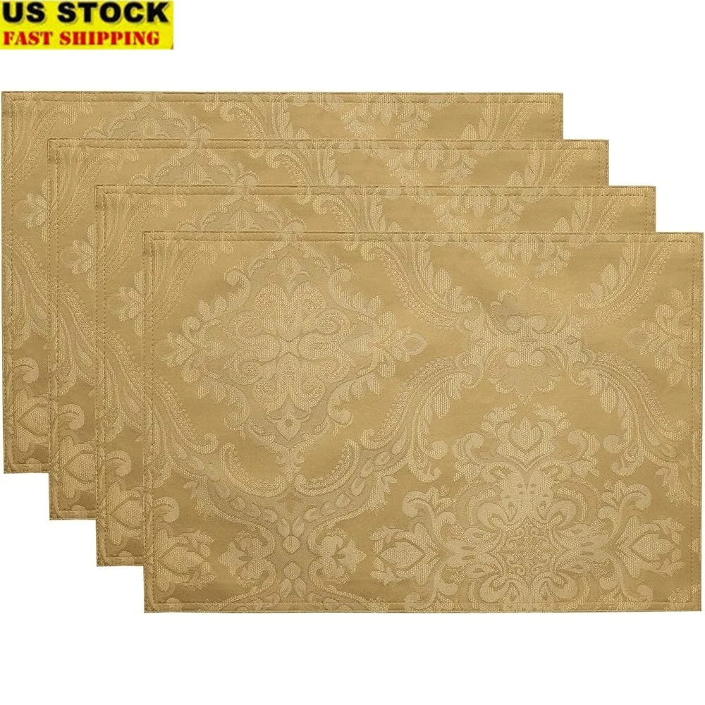 

Elegant Damask Waterproof Stain Resistant Placemats Set of 4 13x19 Durable Polyester Table Mats Easy Care Dining