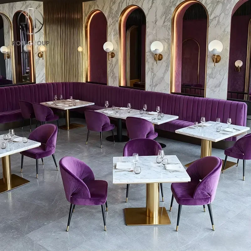 Ron Group Custom Hotel Restaurant Furniture Set L-Shaped Comfortable Booth Seating Square Marble Table Velvet Chair