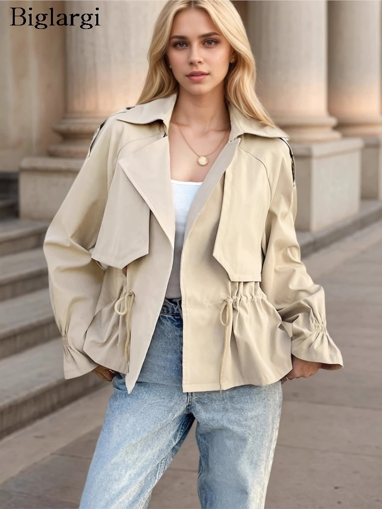 

Autumn Trench Coat Women Ruffle Pleated Fashion Korean Style Ladies Jackets Loose Casual Long Sleeve Woman Trench Coats