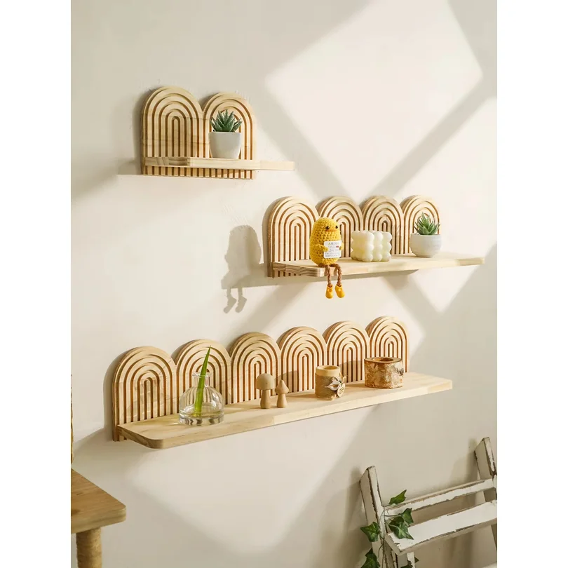 Boho Wooden Arched Wall Shelves Rustic Natural Wood Rainbow Design Floating Shelves Decorative Storage Racks for Home Wall Decor