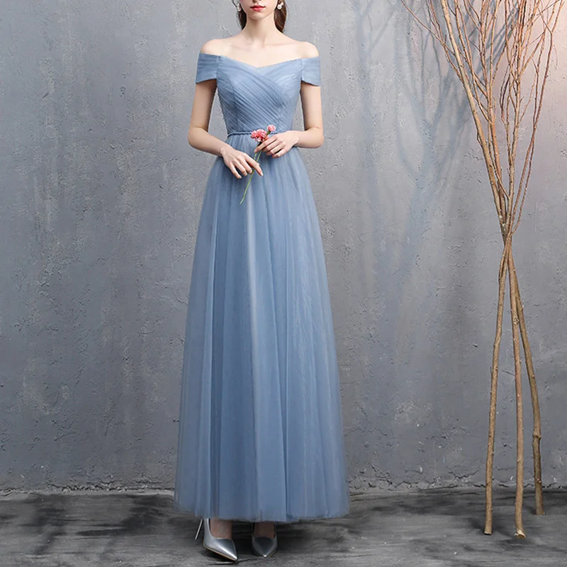 Grey And Blue Tulle Long Evening Dress For Women Wedding Party Simple And Elegant Formal Dress Bridesmaid Dresses With Bow