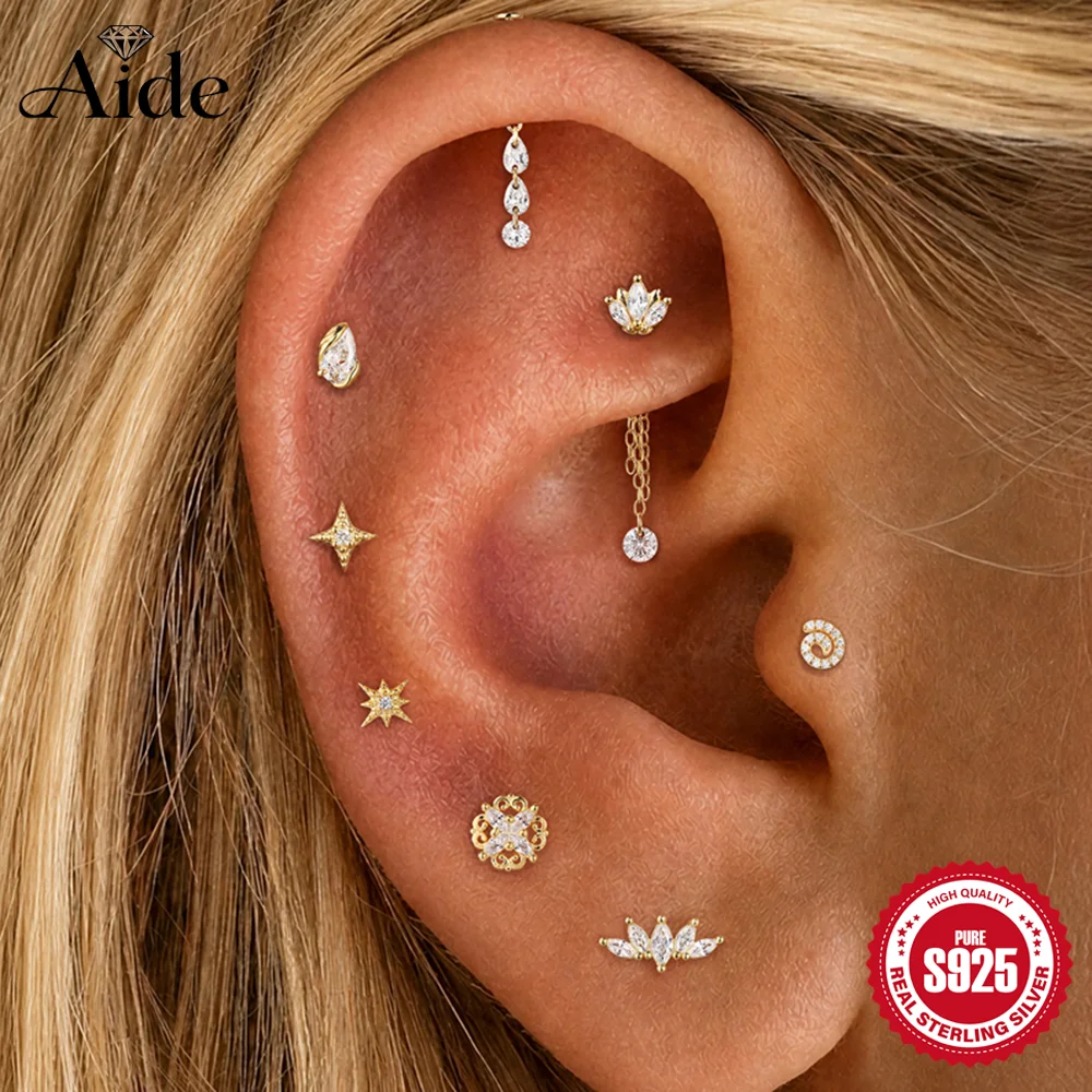 AIDE 1pc 925 Sterling Silver Star/Crown For Women 16G Cartilage Helix INS Vertical Tassel Piercing Earrings Party Gifts