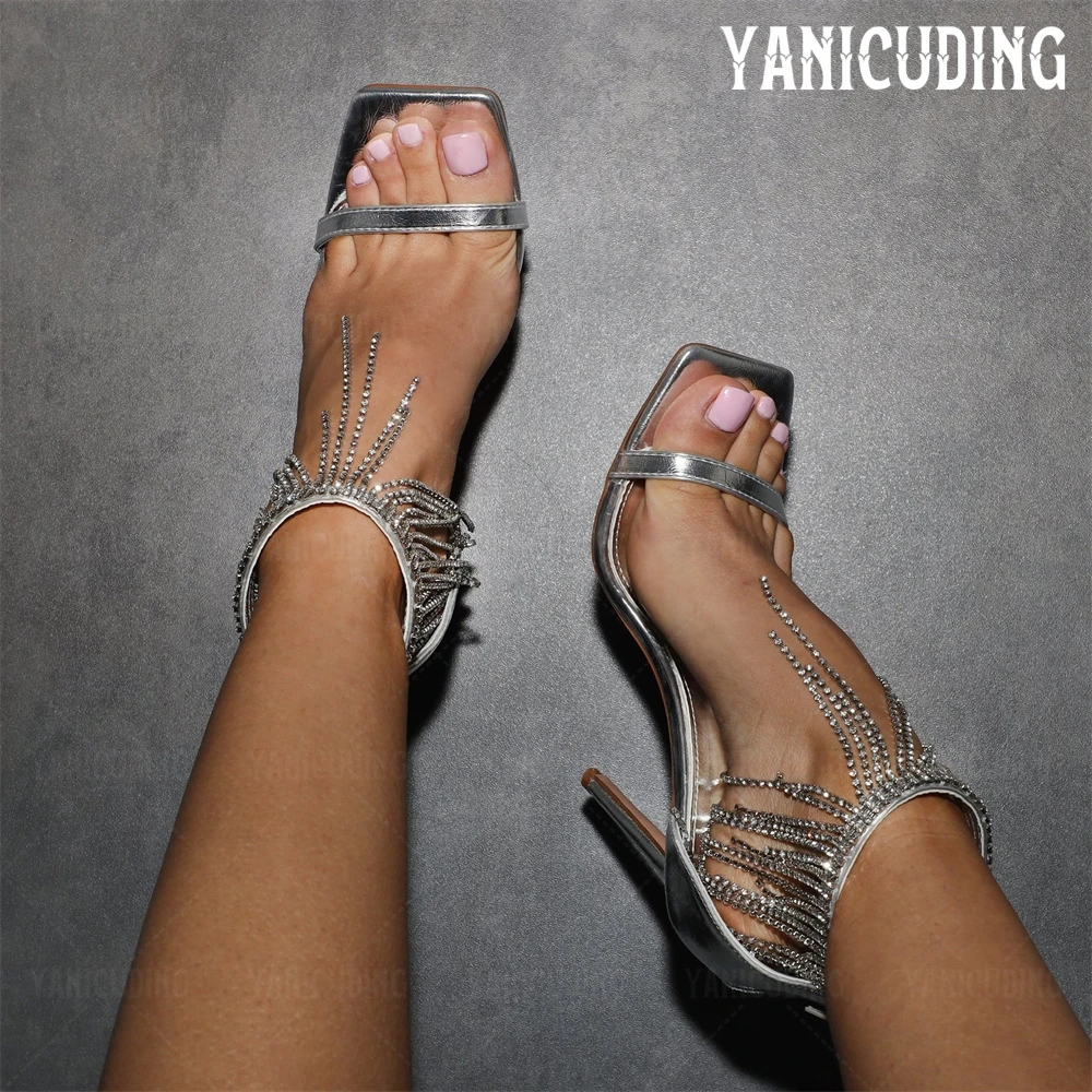 

Waterfall Rhinestones Silver Metallic Sandals Luxurious Crystal Detailing Square Toe Stilettos Bling Bling Elegant Summer Heels