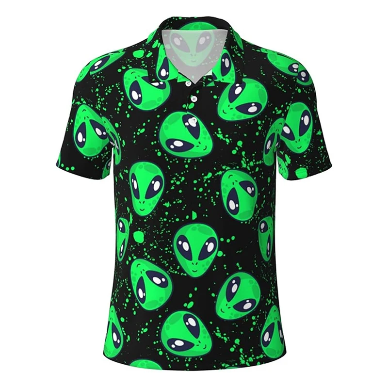Fashion Full Print Alien Pattern Polo Shirt For Men\'s Clothes Lapel Button Hawaii Shirts Funny Leisure Harajuku Trend Golf Top