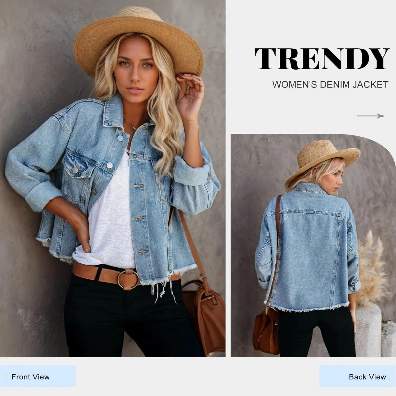 Women Jean Frayed Washed Button Up Cropped Denim With Pockets