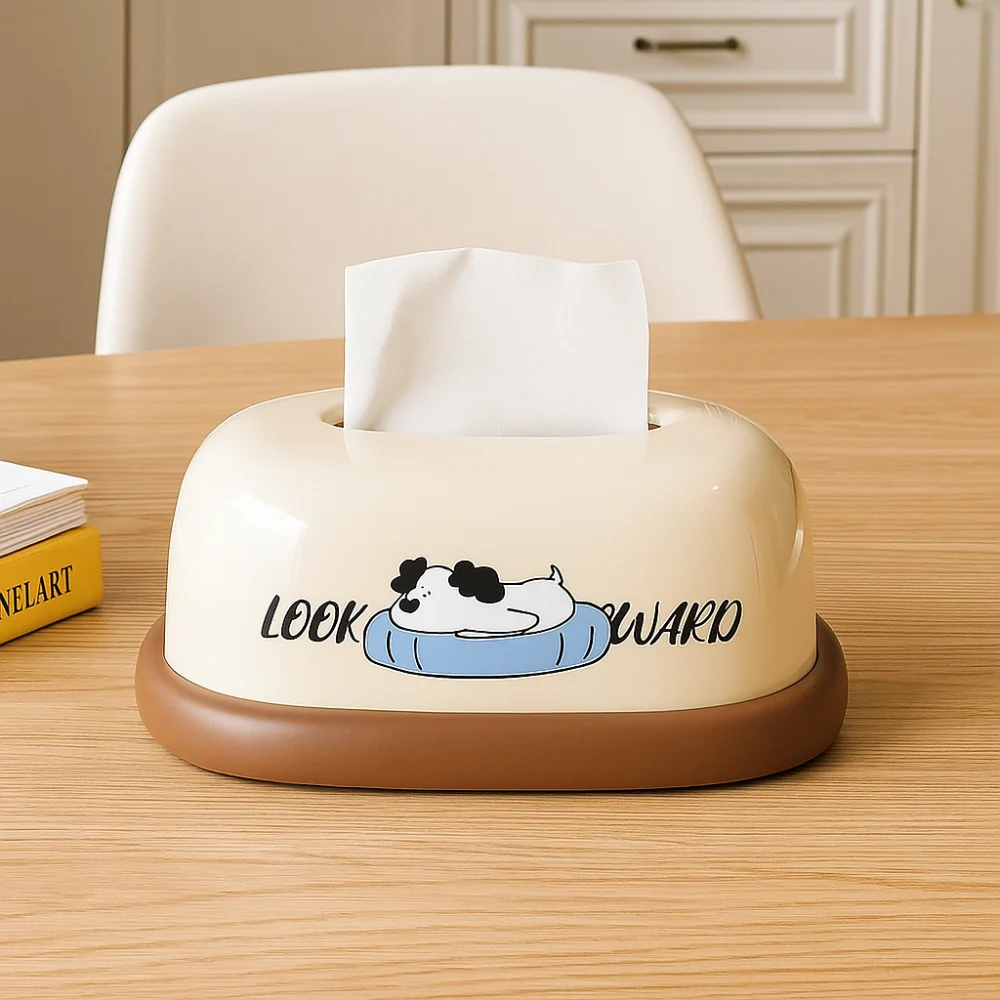 Cute Cream Style Desktop Tissue Box Decorative Plastic Tissue Rack Cartoon Pattern Napkin Holder Dining Table