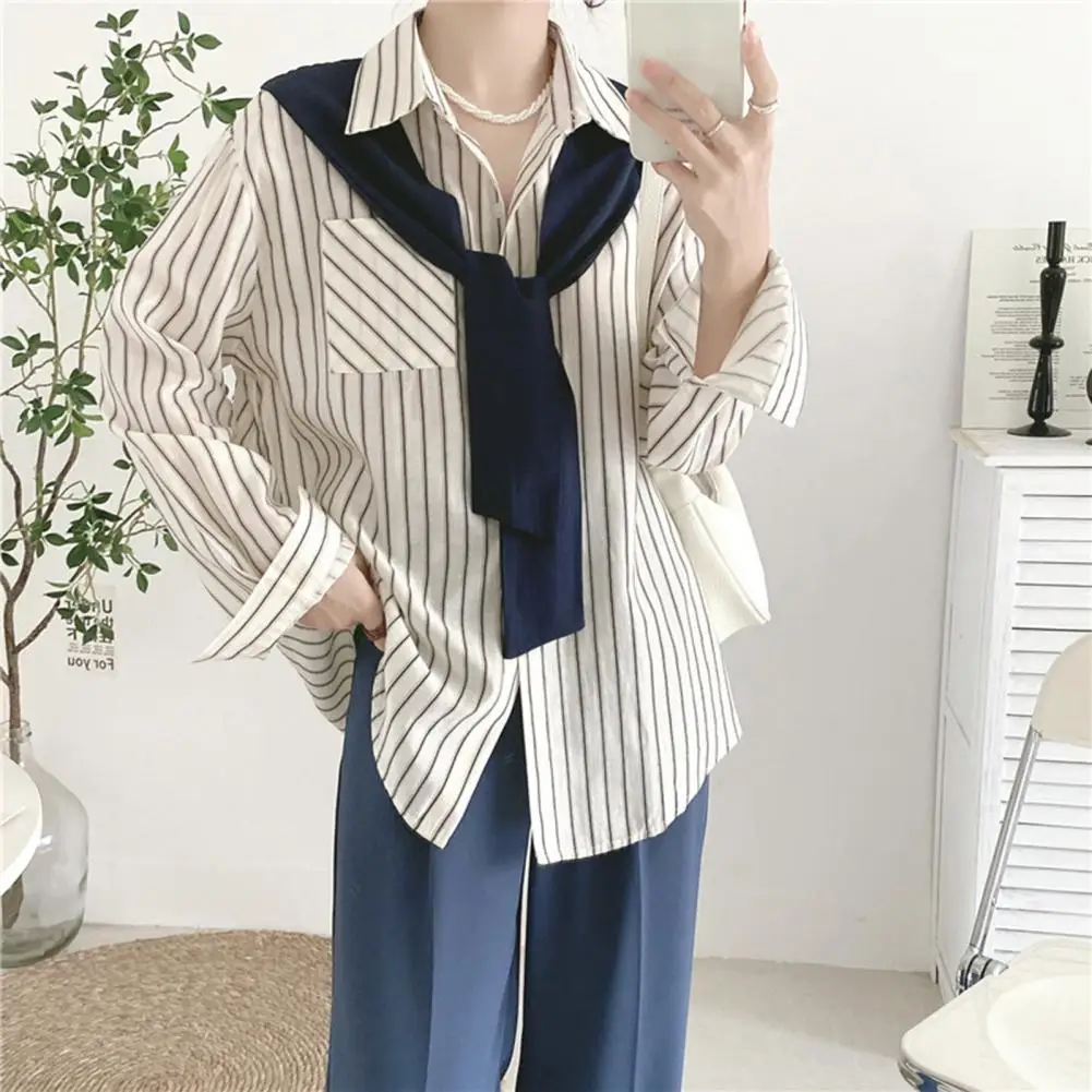 

Casual Women Shirt French Style Women's Long Sleeve Striped Shirt with Lapel Collar Fake Two-piece Design Elegant for Work