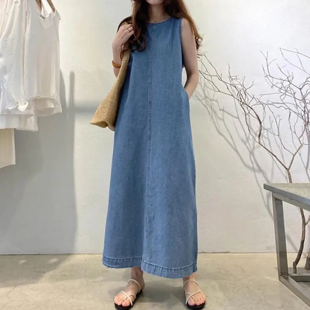 

Lady Vest Dress For Summer Loose Sleeveless O Neck Tank Dress Solid Color Robe Type Ankle Length Casual Dress With Side Pockets