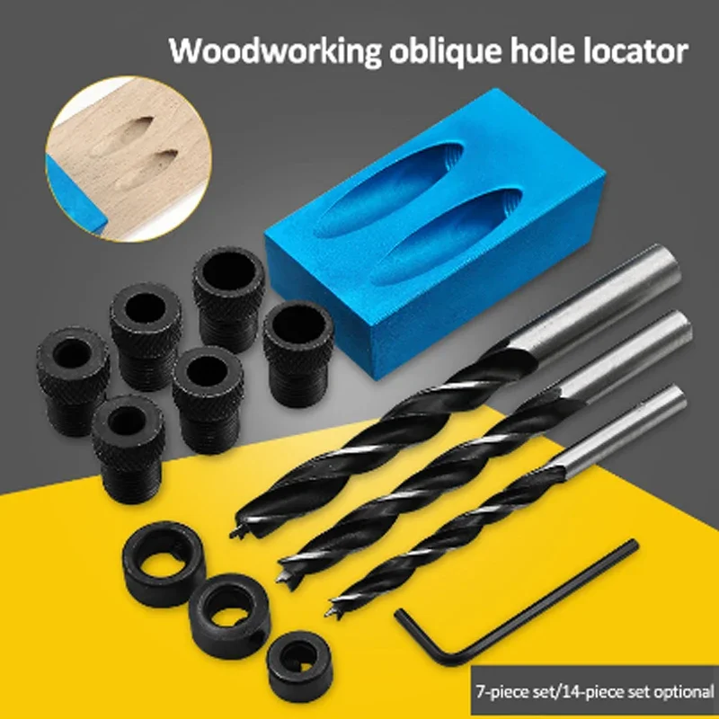 7/14Pcs/Set Pocket Oblique Hole Screw Jig Locator Drill Bits 15 Degree Angle Drill Guide Set Hole Puncher Carpentry Tools