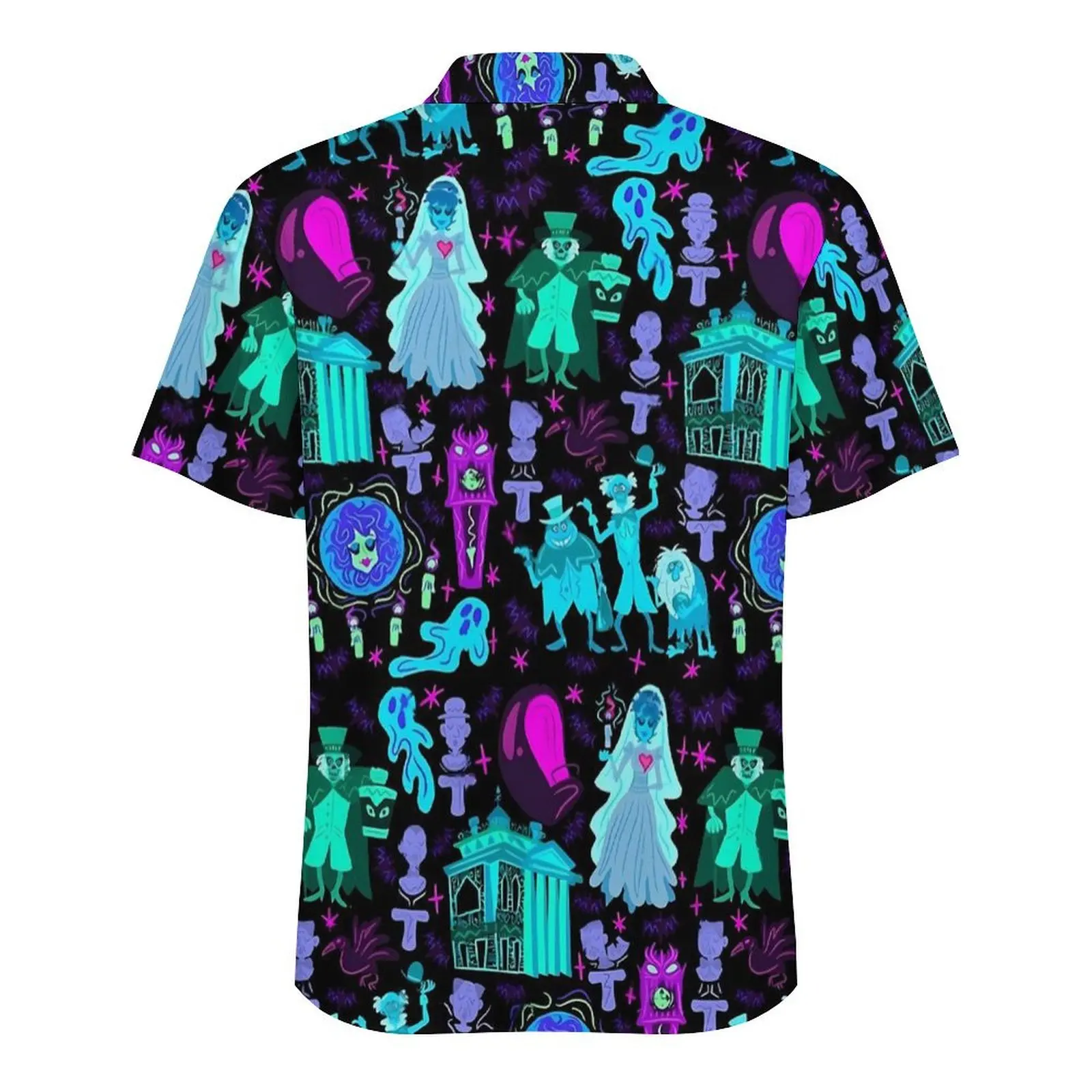 Camisa masculina Harunted Mansion Beach, estampa do Dia das Bruxas, camisas casuais havaianas, blusas clássicas, streetwear manga curta, roupa padrão