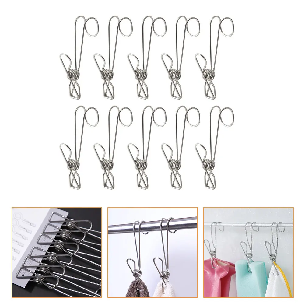 10Pcs Stainless Steel Universal Clamps Hanging Clips Hooks Multipurpose Rustproof Strong Clips for Clothes Photos Curtains