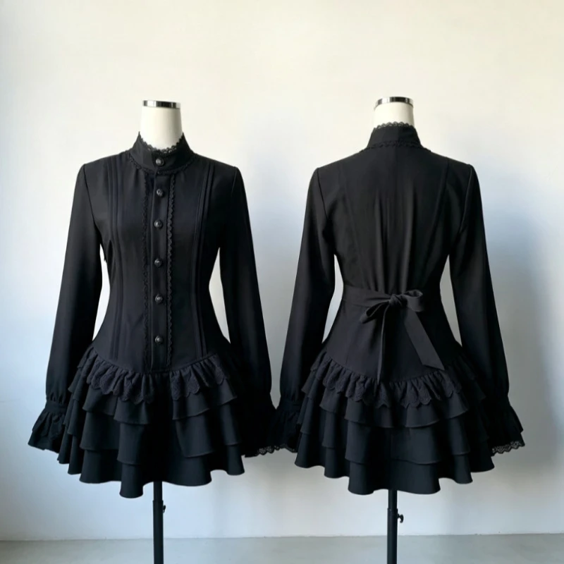Dunkles Gothic Y2K Spitzen-Minikleid Damen Retro Lolita Langarm Schlankes Schwarzes Streetwear-Outfit Stilvolle Modekleidung Chic