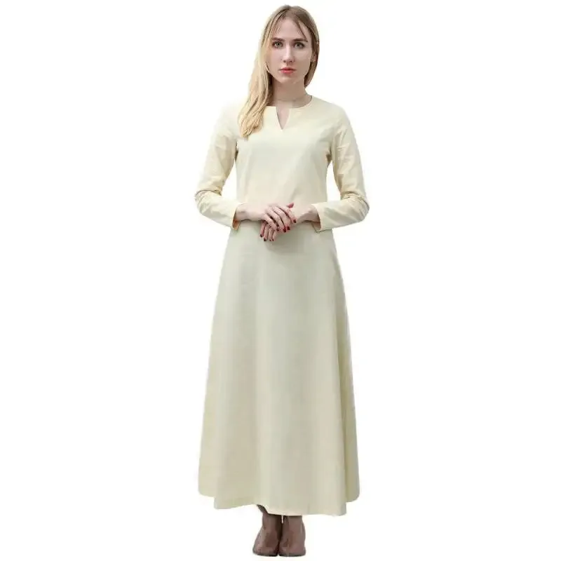 

High Quality Medieval Linen Viking Base Dress Solid Beige Halloween Woman Medieval Village Female Retro Renaissance Maxi Dress