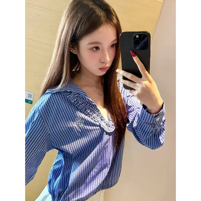 Chemise à carreaux à manches longues pour femmes, col en v, Style Preppy doux, chemise à bandes Y2K, pull brodé, mignon, confortable, haut pour femmes, printemps