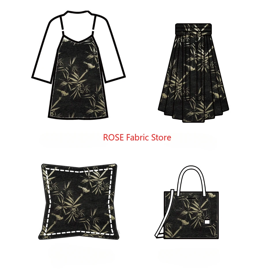Tessuto jacquard con foglie di bambù in oro nero da 1 metro, abito da donna retrò, gonna soffice, borsa per bagagli, tessuto da cucito decorativo
