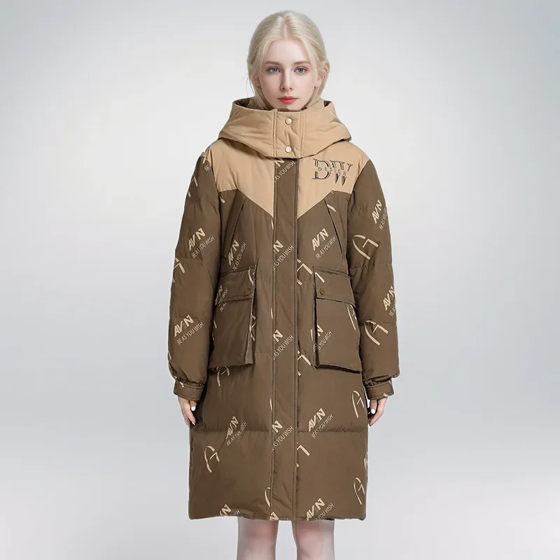 

2025 г., женская зимняя длинная хлопковая куртка выше колена, женская контрастная верхняя одежда с капюшоном, женская демисезонная куртка, женская одежда