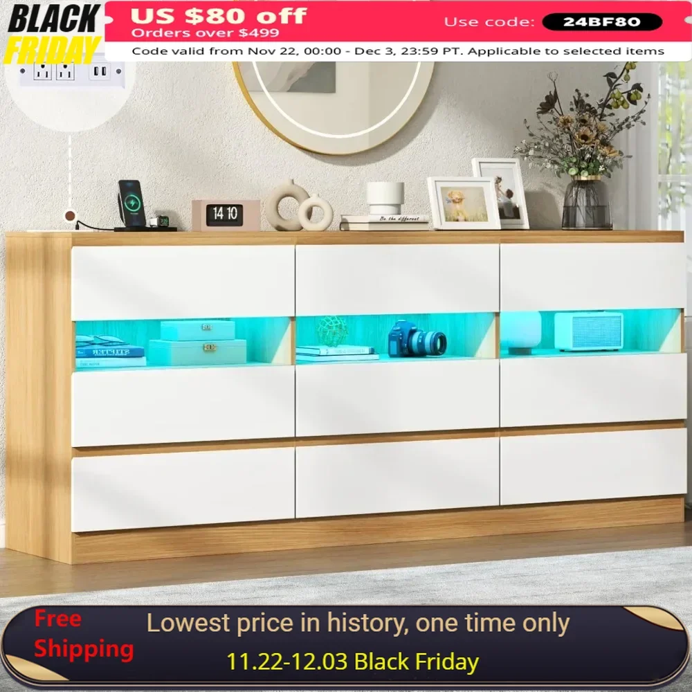 Triple Dresser with Charging Station & Led Lights & 3 Cu, TV Stand for TVs Up To 75