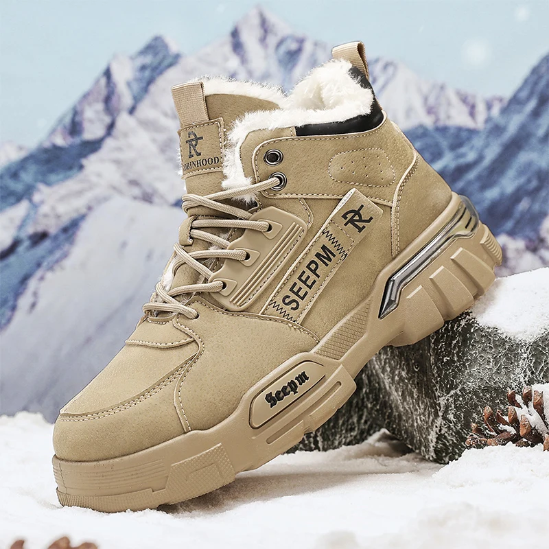 メンズワークブーツ冬の新しい暖かい豪華な滑り止めソフトソールカジュアルブーツファッションユースジョーカーハイトップ快適アウトドアスポーツブーツ
