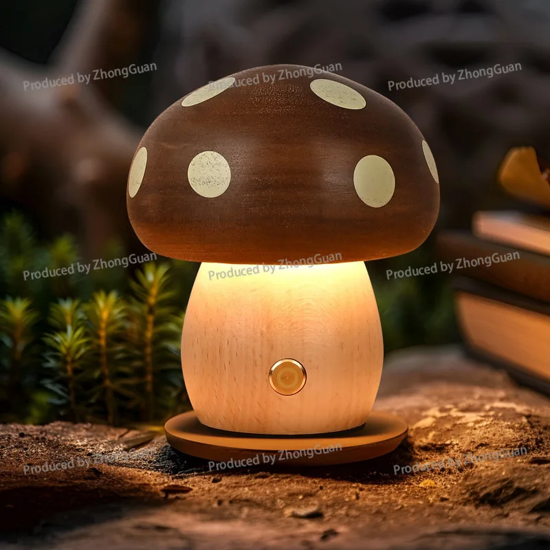 Creative Ins Solid Wood Mushroom Night Atmosphere Bedside Lamp Ornament Beech Children's LED Desk Lamp Girl Gift