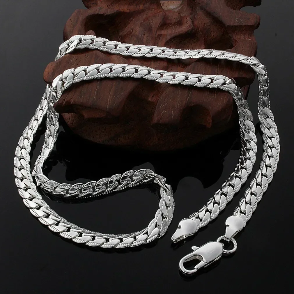 Nice 925 Sterling Silver 6MM Full Sideways Chain Necklace For Women Men Fashion Jewelry Sets Wedding Gift