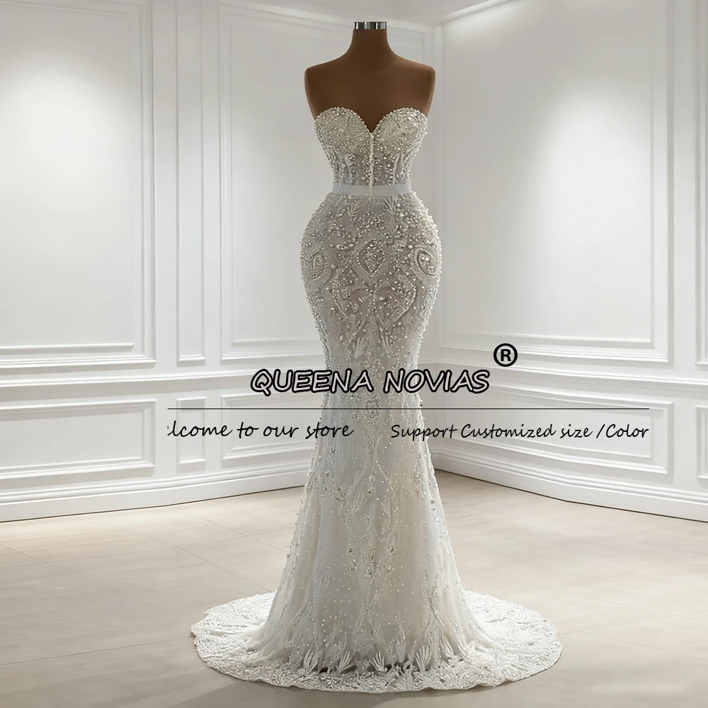 Elegant Pearls Mermaid Bridal Gowns Strapless Wedding Dress Appliques Beaded Customized Sleeveless Bride Dresses Vestido Novias