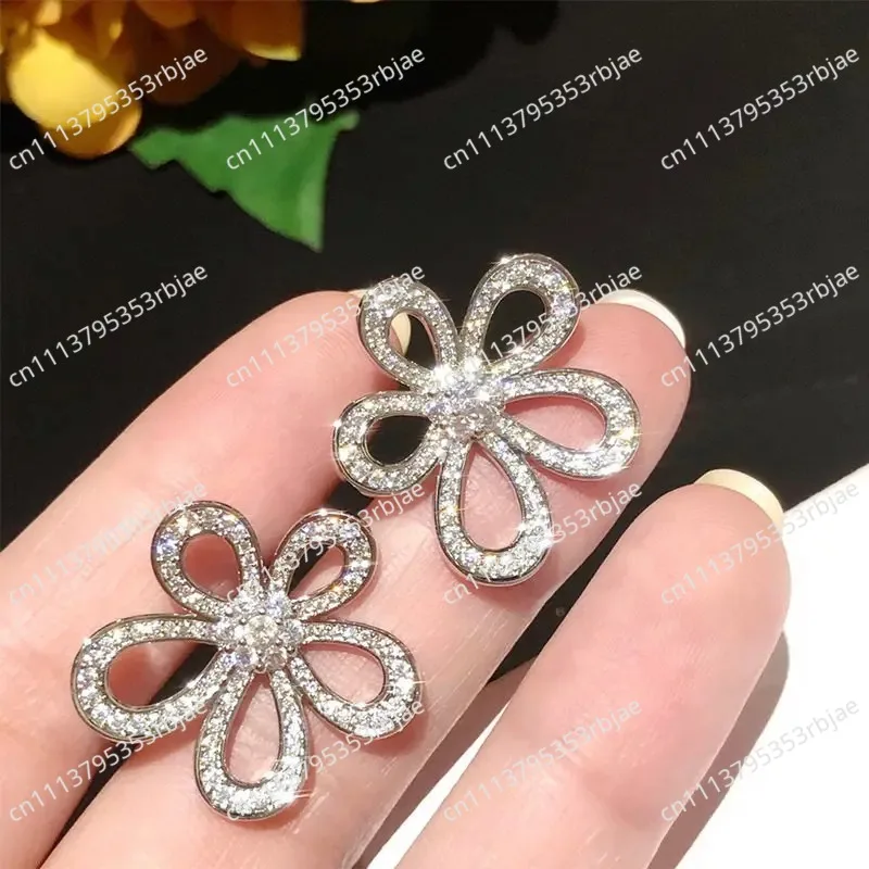 New European and American Sunflower Earrings Made of 925 Pure Silver Plated with 18K Gold Full Diamond Five Petal Flower Ear