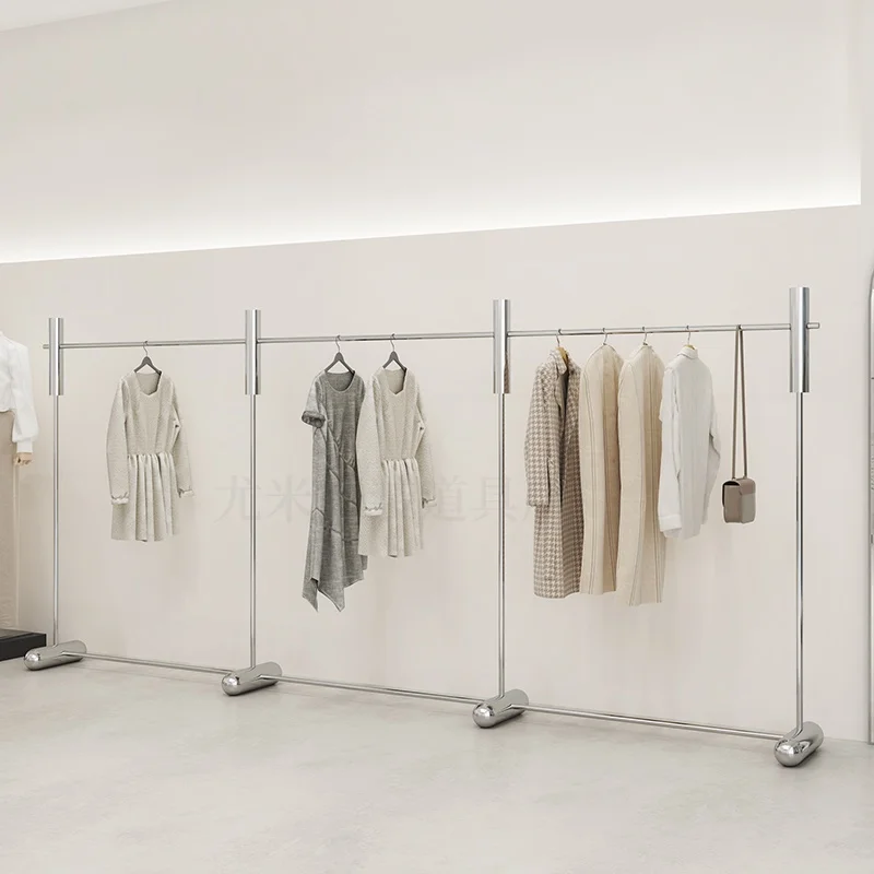 &Bright Stainless Steel Clothing Store Display Rack Women's Coat Rack with Side Hangers Floor-to-Floor Middle Island Props Shelf